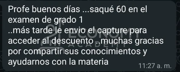 Captura anónima: agradecimiento por compartir conocimientos y reporte de 60 puntos en el examen de Grado 1.